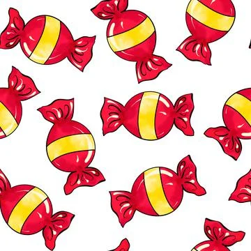 Seamless raster pattern of candy wrapped in red color with yellow stripe on Stock-Illustration