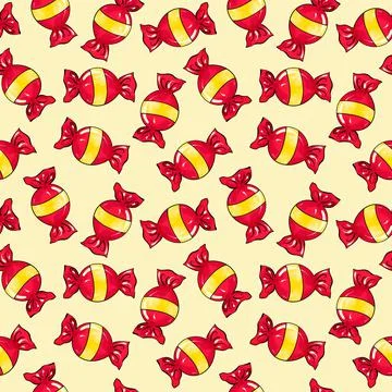 Seamless raster pattern of candy wrapped in red color with yellow stripe on Stock Illustration