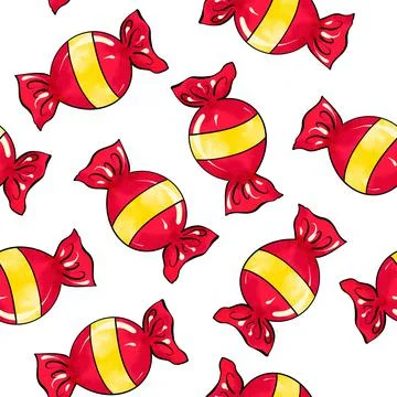 Seamless raster pattern of candy wrapped in red color with yellow stripe on Stock Illustration
