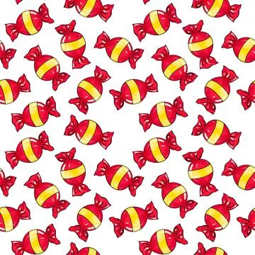 Seamless raster pattern of candy wrapped in red color with yellow stripe on Stock Illustration
