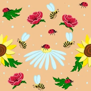 Seamless raster pattern with chamomile, sunflower, poppy, bee, ladybug, and Stockillustratie