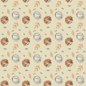 Seamless raster pattern with coffee cups, croissants and autumn leaves Stock Illustration