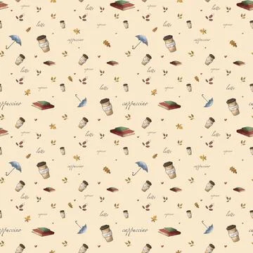 Seamless raster pattern with coffee to go, books, umbrellas and autumn leaves Stock Illustration