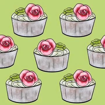 Seamless raster pattern of cupcakes with beige base and yellow-pink cream Stock Illustration