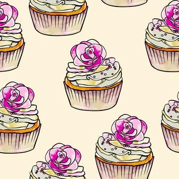 Seamless raster pattern of cupcakes with beige base and yellow-pink cream Stock Illustration