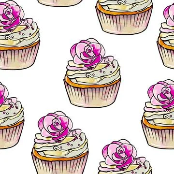 Seamless raster pattern of cupcakes with beige base and yellow-pink cream Stock Illustration