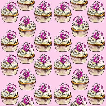 Seamless raster pattern of cupcakes with beige base and yellow-pink cream Stock Illustration