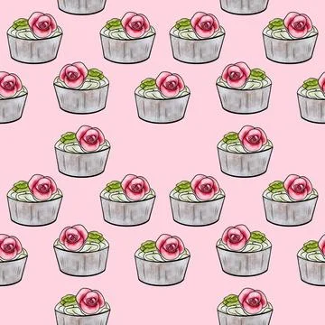 Seamless raster pattern of cupcakes with beige base and yellow-pink cream Stock Illustration