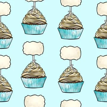 Seamless raster pattern of cupcakes with blue base and yellow cream fillings Stock Illustration