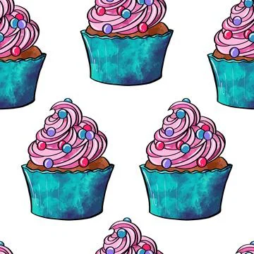 Seamless raster pattern of cupcakes with blue base and pink lilac cream berry Stock Illustration