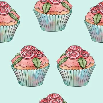 Seamless raster pattern of cupcakes with blue base and pink creamy berry Stock Illustration