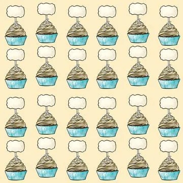 Seamless raster pattern of cupcakes with blue base and yellow cream fillings Stock Illustration