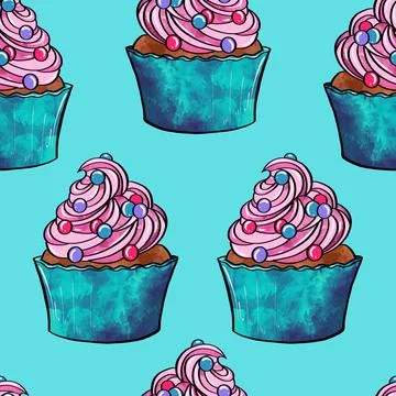 Seamless raster pattern of cupcakes with blue base and pink lilac cream berry Stock Illustration