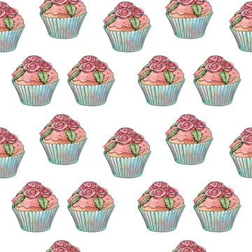 Seamless raster pattern of cupcakes with blue base and pink creamy berry Stock Illustration