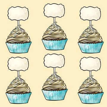 Seamless raster pattern of cupcakes with blue base and yellow cream fillings Stock Illustration