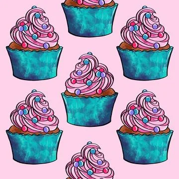 Seamless raster pattern of cupcakes with blue base and pink lilac cream berry Stock-Illustration