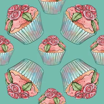 Seamless raster pattern of cupcakes with blue base and pink creamy berry Stock-Illustration