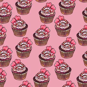 Seamless raster pattern of cupcakes with brown base and beige pink cream Stock-Illustration