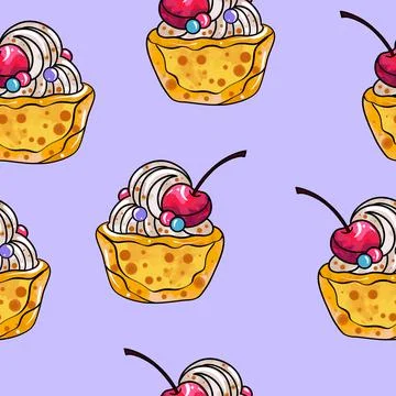 Seamless raster pattern of cupcakes with orange base and beige cream fillings Stock Illustration