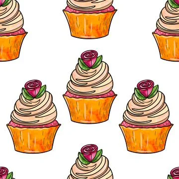 Seamless raster pattern of cupcakes with orange base and beige cream fillings Stock Illustration