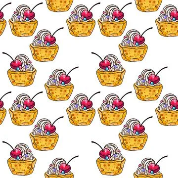 Seamless raster pattern of cupcakes with orange base and beige cream fillings Stock Illustration