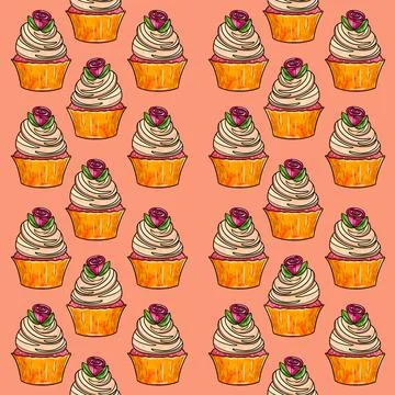 Seamless raster pattern of cupcakes with orange base and beige cream fillings Stock Illustration