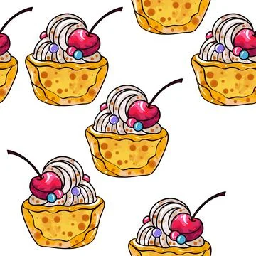 Seamless raster pattern of cupcakes with orange base and beige cream fillings Stock Illustration