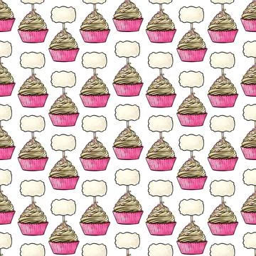 Seamless raster pattern of cupcakes with pink base and yellow cream fillings Stock Illustration