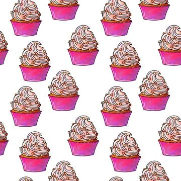 Seamless raster pattern of cupcakes with pink base and pink lilac cream berry Stock Illustration