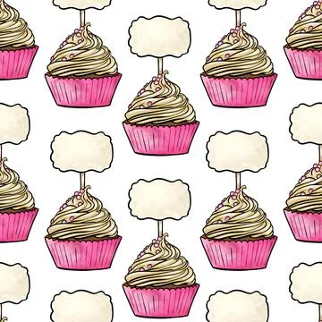Seamless raster pattern of cupcakes with pink base and yellow cream fillings Stock-Illustration