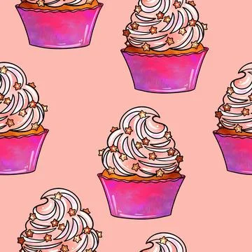 Seamless raster pattern of cupcakes with pink base and pink lilac cream berry Stock Illustration