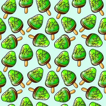 Seamless raster pattern of green ice cream on stick with kiwi fruit flavor on Stock Illustration