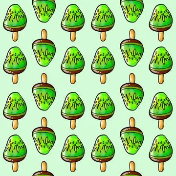 Seamless raster pattern of green ice cream on stick with kiwi fruit flavor on Stock Illustration