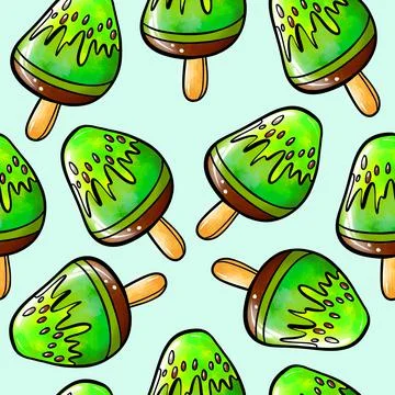 Seamless raster pattern of green ice cream on stick with kiwi fruit flavor on Stock Illustration