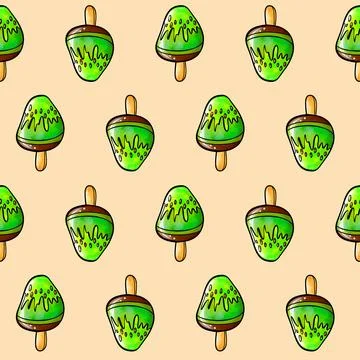 Seamless raster pattern of green ice cream on stick with kiwi fruit flavor on Stock Illustration