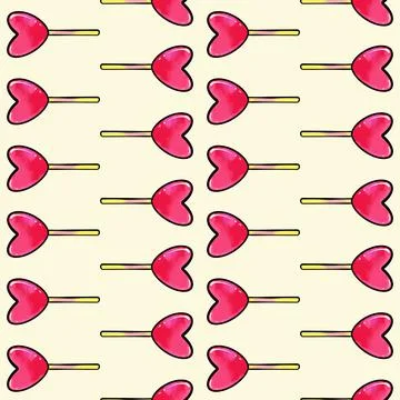 Seamless raster pattern of heart shaped lollipop candy on a yellow background Stock Illustration