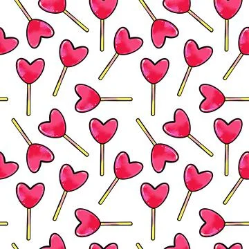 Seamless raster pattern of heart shaped lollipop candy on a white isolated Stock-Illustration