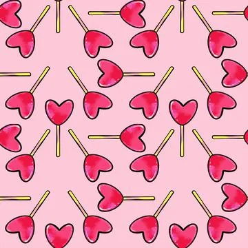 Seamless raster pattern of heart shaped lollipop candy on a pink background Stock Illustration
