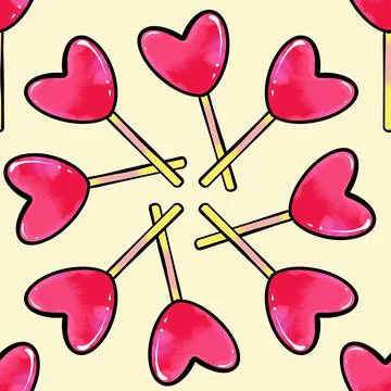 Seamless raster pattern of heart shaped lollipop candy on a yellow background Stock Illustration