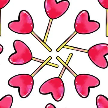 Seamless raster pattern of heart shaped lollipop candy on a white isolated Stock Illustration