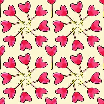 Seamless raster pattern of heart shaped lollipop candy on a yellow background Stock Illustration