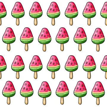 Seamless raster pattern of red green ice cream on stick with watermelon flavor Stock Illustration