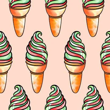 Seamless raster pattern of red-green ice cream in a waffle cup with fruit and Stock Illustration