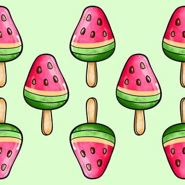 Seamless raster pattern of red green ice cream on stick with watermelon flavor Stock Illustration