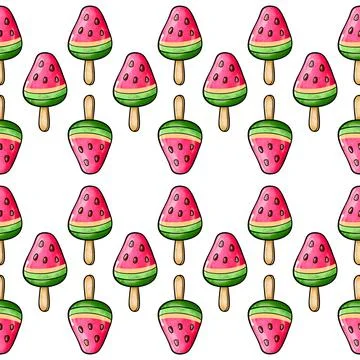 Seamless raster pattern of red green ice cream on stick with watermelon flavor Stock Illustration