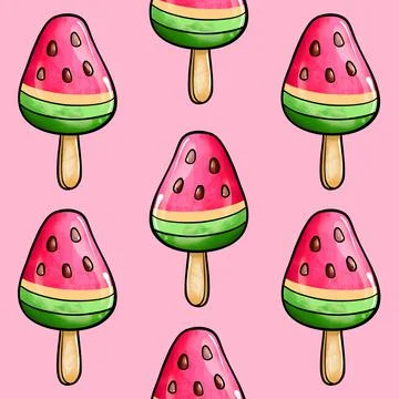 Seamless raster pattern of red green ice cream on stick with watermelon flavor Stock Illustration