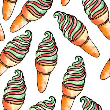 Seamless raster pattern of red-green ice cream in a waffle cup with fruit and Stock Illustration
