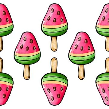 Seamless raster pattern of red green ice cream on stick with watermelon flavor Stock Illustration