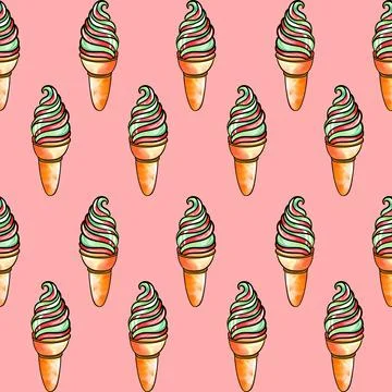 Seamless raster pattern of red-green ice cream in a waffle cup with fruit and Stock-Illustration