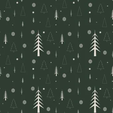 Seamless raster winter pattern with fir trees and snowflakes on dark green Stock Illustration